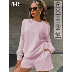 100 % bomull dam sweatshirt Pocket Shorts Set i två delar, tunna vår/sommar träningsbyxor, Casual Mångsidig Holiday Street College Style - Rött läder (L,M,S,XL)