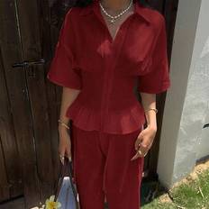 Burgundy Woven Women's Loose Fit Short Sleeve Shirt,Elegant Women's Blouses - Burgundy - L,M,S,XL,XS,XXL,XXS,XXXL,XXXXL