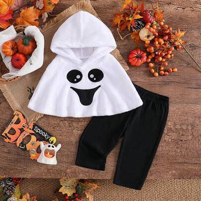 2-delars outfitset för babyflicka, höst/vinter Halloween, söt spökhu-plushcape-topp och enfärgade leggings med elastisk midja - Svart och Vitt (6-9M,9-12M,12-18M,18-24M,2-3Y)