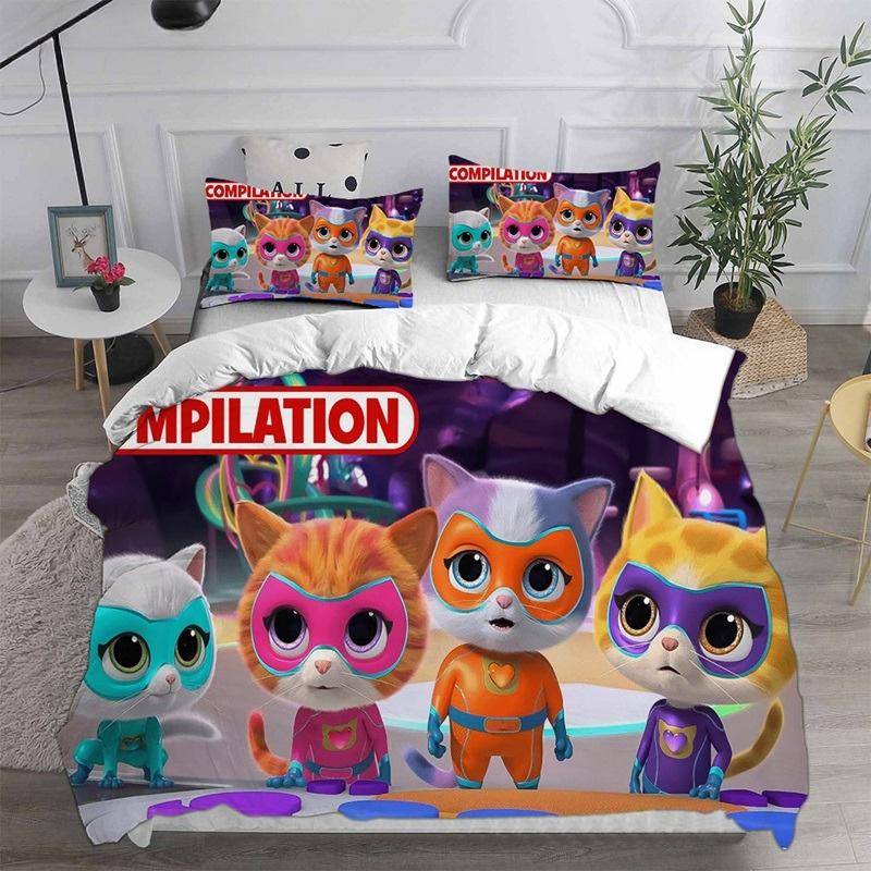 Anime Super Kitties Sängkläder Täcke Överkast Påslakan Örngott 2-3 Delar Set Barn Vuxen Storlek Hemtextilier 264x228cm 3pcs