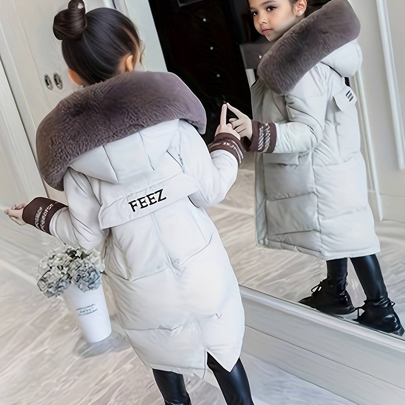 TEMU Girls' Mid-length Winter Coat For 2023, Korean Style Padded Snow Jacket For Middle And Older Toddlers, Thickened Cold-proof Outerwear Jacket