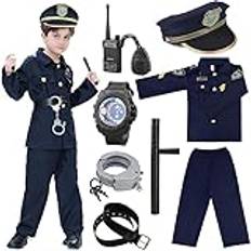 Cnexmin Polisdräkt för barn, polis kostym med tillbehör skjorta, byxor, hatt, bälte, pistoler och pistolfodral, walkie talkie polis set för halloween karneval, blå M