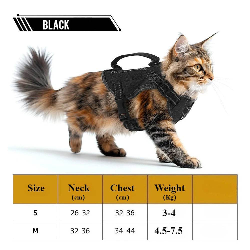 Tactical Reflective Vest Harness with Handle for Cats & Kittens - Black / M 4.5-7.5Kg