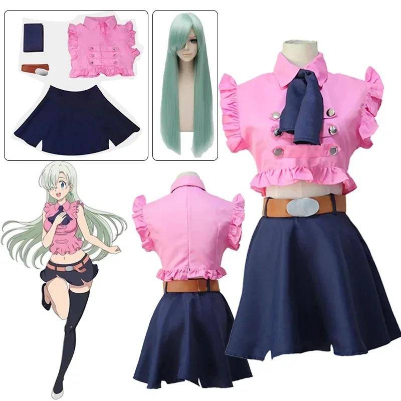 Anime The Seven Deadly Sins Elizabeth Liones Cosplay Kostym Flicka Rosa Klänning Peruk Outfits Uniform Kjol Halloween Kostym Kvinnor cm