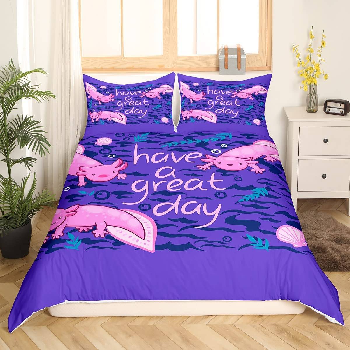 Sött Axolotl Sängklädesset För Pojkar Flickor Kawaii Reptiler Djur Täcke Örngott Tvilling King Size Havsliv Axolotl Påslakan 140x200cm 3pcs