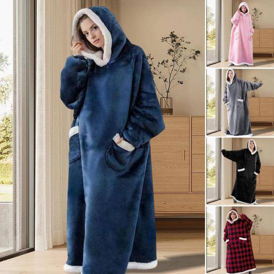 Bärbar filt-hoodie för vuxna kvinnor män överdimensionerad sherpafleece sweatshirtfilt mysig plyschflanell nattlinne med fickor grå