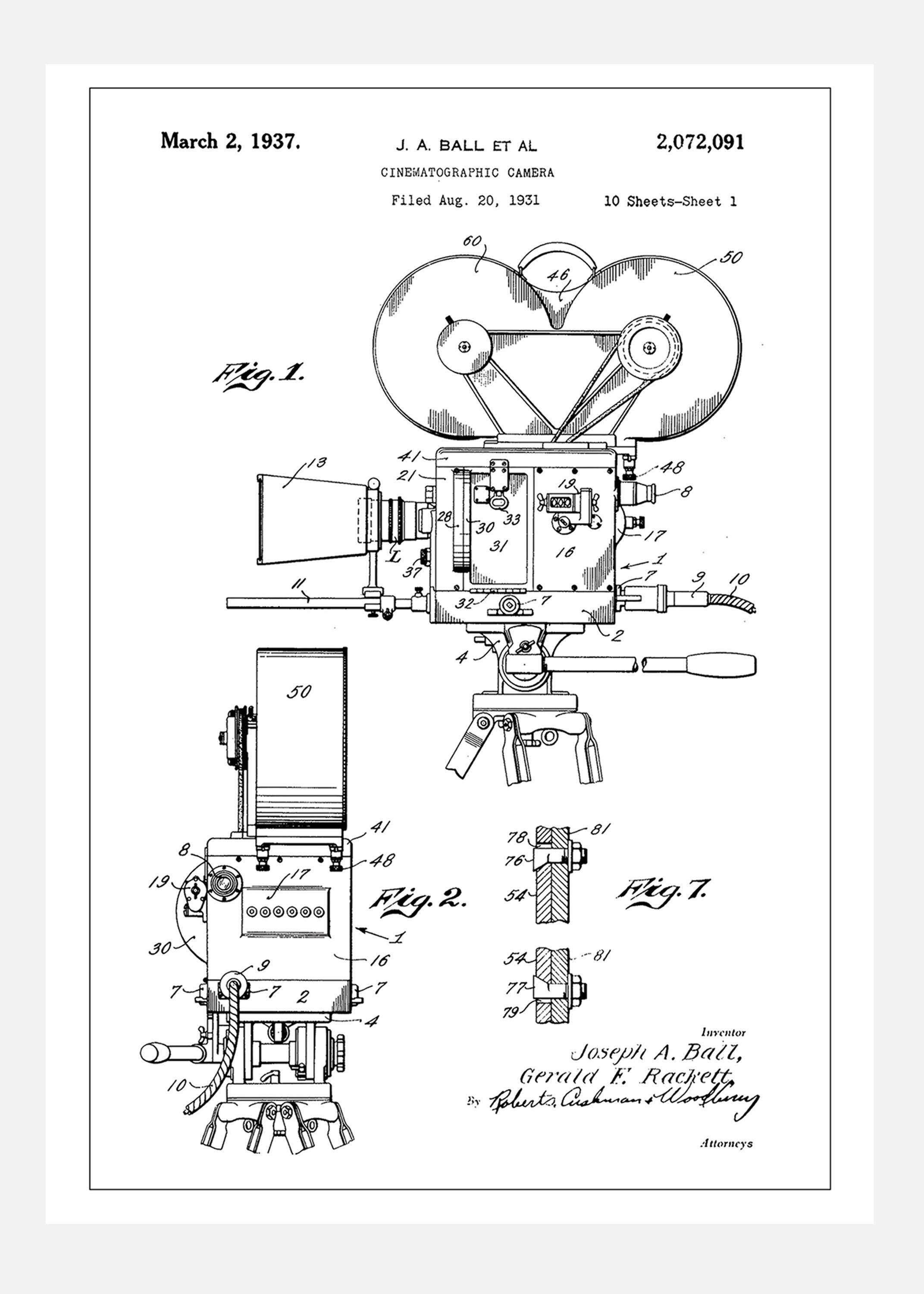 Patent Print - Cinematic Camera - White Canvastavla (100x140 cm)