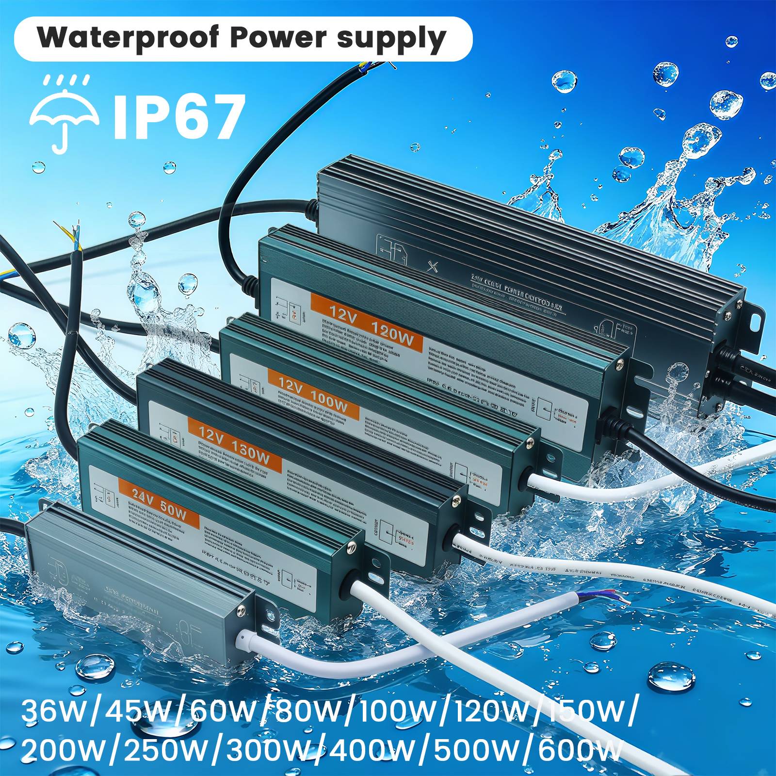 Outdoor LED Driver IP67 Waterproof AC 110-250V to DC 12V/24V Power Supply Transformer 60W-600W for LED Lighting