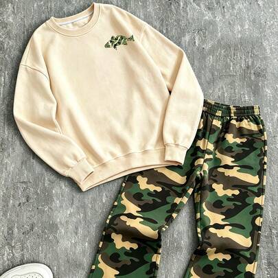 2-delat set för pojkar, sweatshirt med rund hals i kamouflagemönster med fiskprint + vida byxor med elastisk midja i kamouflagemönster, avslappnad var - Multifärgad (6Y,7Y,8Y,9Y,10Y,4Y,5Y,11Y,12Y)