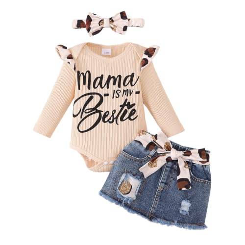 LUVCES Nyfödd baby flicka kläder bokstäver volanger sparkdräkt jeans sliten denimkjol spädbarn outfit set 0–18 månader, A: långärmad khaki, 6-12 månader