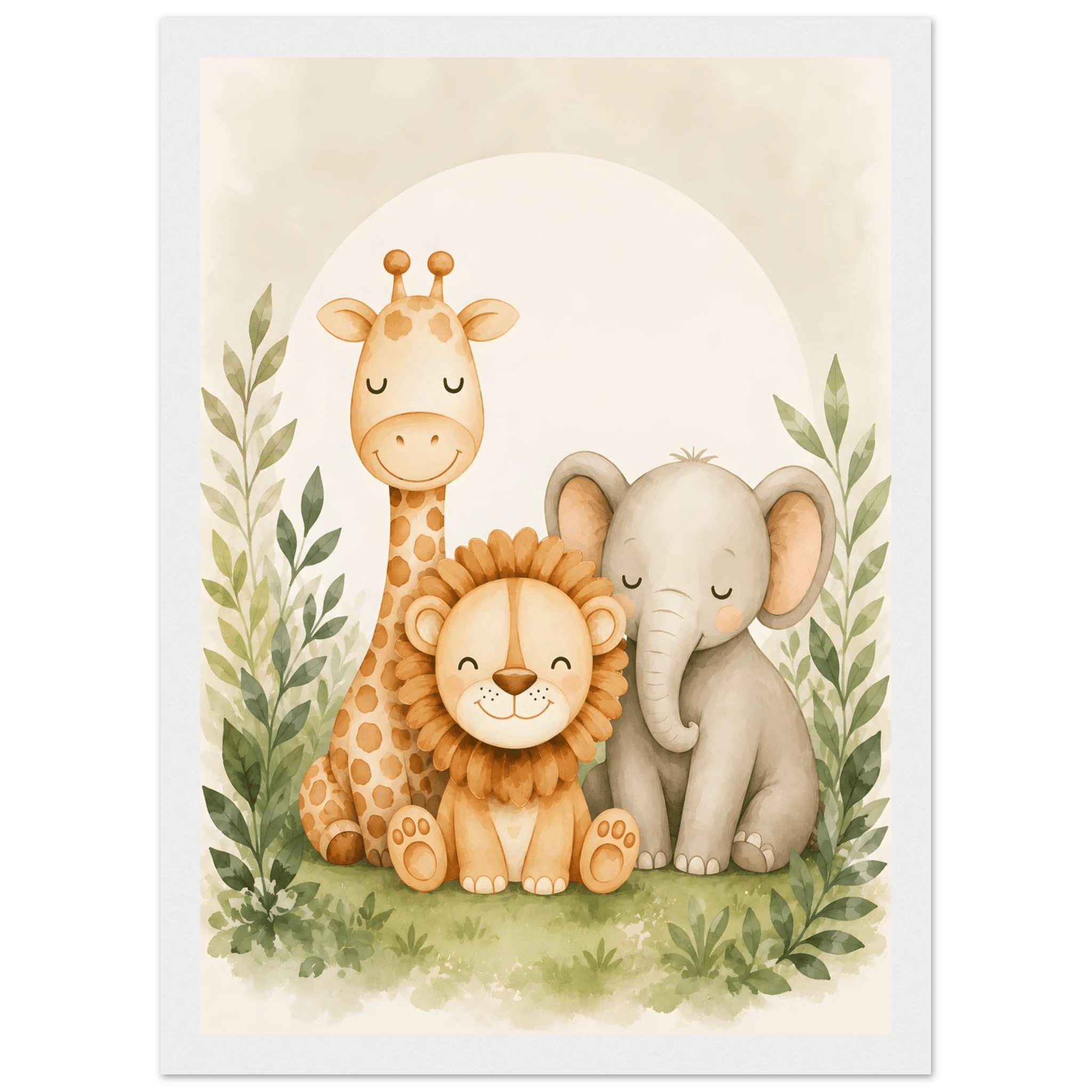 Lejon, elefant giraff poster-21x29.7 cm / 8x12" / Med ram / Vit