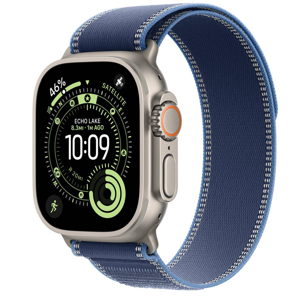 Apple Watch Ultra 3 (GPS + Cellular) • Titanboett naturlig, 49 mm • Terrängloop blå/klarblå – S/M