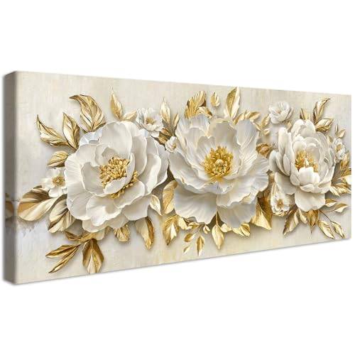 Träramad stor väggkonst på canvas Lyxiga vita pioner Guldblad Målning på canvas Tryck Poster Blommande blommor Beige bilder för vardagsrum Sovrum Restaurang Väggdekoration 50x120cm