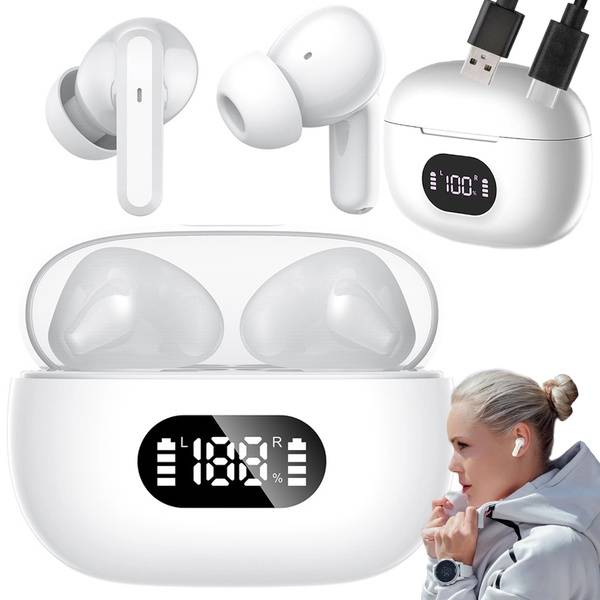 Trådlösa Bluetooth In-Ear Hörlurar med LED-Laddningsetui och Mikrofon Vit