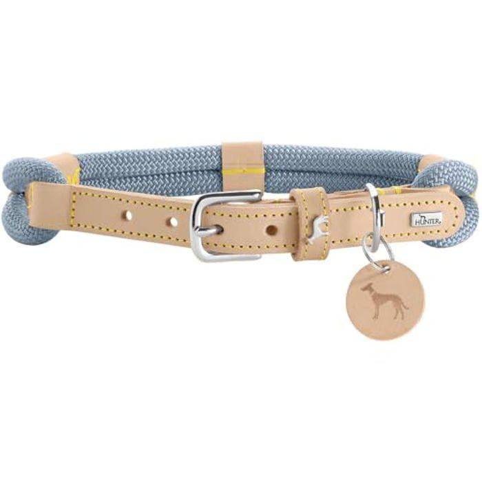 Dog Collar - HUNTER - Malia - Soft Rope and Leather - Color Pigeon Blue/Natural - Size 35-44 cm blå