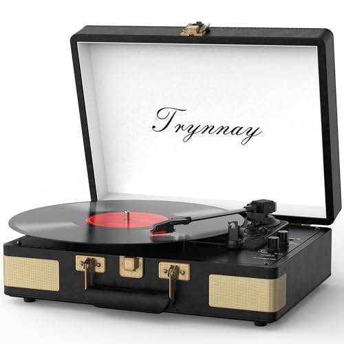 Trynnay Tocadisco Bärbar Vinylspelare Med Bluetooth Med 3 Hastigheter, Inbyggda Högtalare, Förbättrad Ljudkvalitet, Konstläder, Vintage Svart
