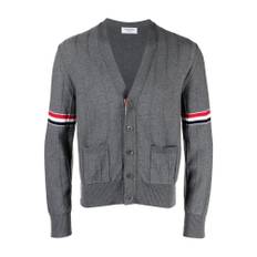 Thom Browne, Stickade tröjor & koftor, Herr, S, Ull Relaxed V Ringad Kofta med Armbindel - gray (S)
