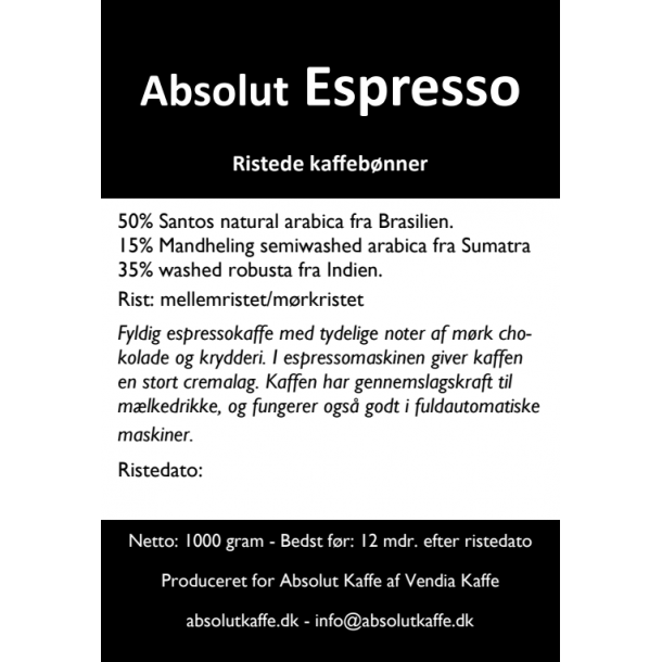 Absolut Espresso 1 kg friskristede bønner - Ristet 14. september