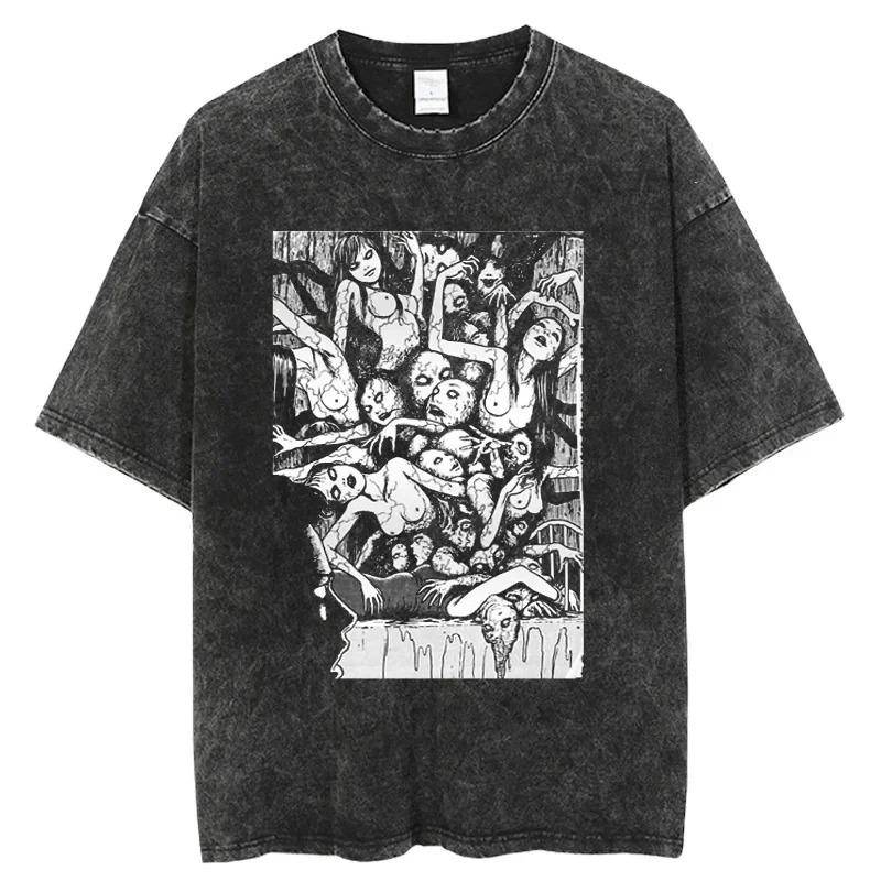 Junji Ito Tomie Skräck Manga Vintage Tvättad Överdimensionerad T-shirt | Unisex Skräck Anime Streetwear Tee cm svart