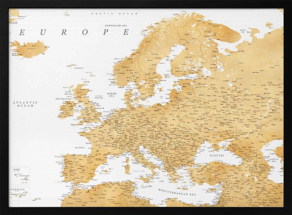 Golden detailed map of Europe Poster - 40x30 cm / 16x12″