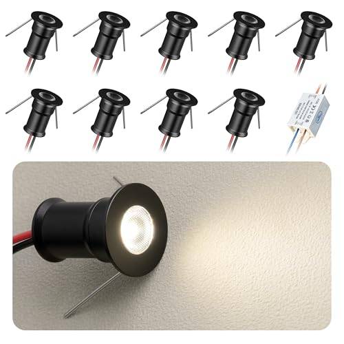 HHTUN 902 30°LED mini-spotlight, DC12V 1W, 80Ra, 75lm, liten storlek, inbyggd installation, lämplig för skåpbelysning som vinskåp, skoskåp etc., med strömförsörjning(3000K,Black,9Pack)