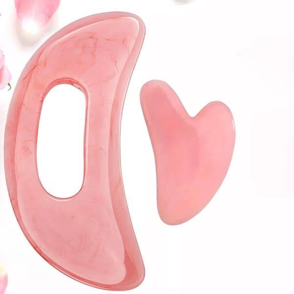 Gua sha-set i resin för ansikts- och kroppsmassage, rosa, två former för ansiktskonturer och större massageområden