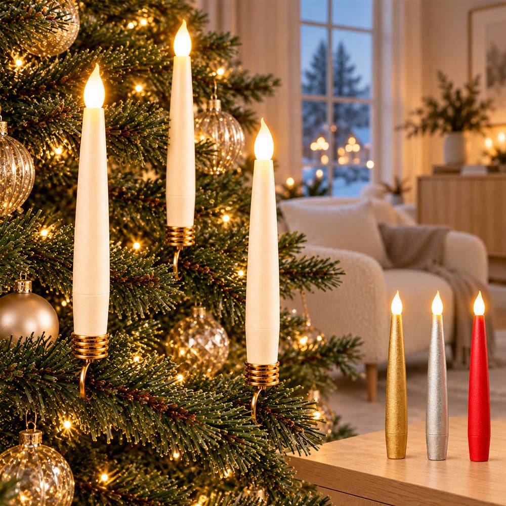 LED-julgransljus 10 st. Trådlöst inkl. Fjärrkontroll & Klämmor - passar de flesta Georg Jensen ljushållare mm. - Guld