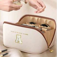 1pc PU Leather Cosmetic Bag, Multifunctional Toiletry Bag With A-Z Letter Print, Waterproof Portable Travel Makeup Bag, Unisex Beauty Pouch, Transpare - Multicolor - Brown and White