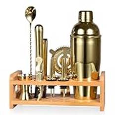 Esmula 750 ml cocktailtillverkning set med bambustativ, 12-delars cocktailshakers kit för blandad dryck, professionellt rostfritt stål bartenderbar verktygsset – cocktailrecept häfte (guld)