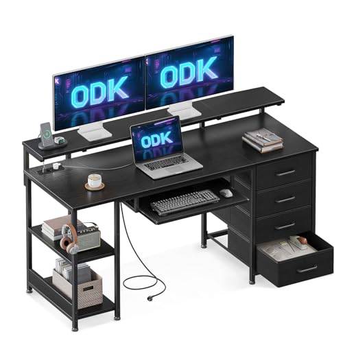 ODK skrivbord med 4 lådor, 140 x 52 x 92 cm datorbord med 2 uttag och 2 USB-laddningsportar, PC-bord med hylla, spelbord med tangentbordshylla för kontor, vardagsrum, svart