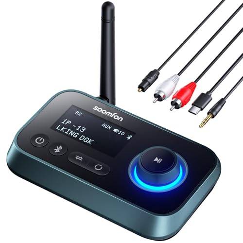 SOOMFON Bluetooth 5.0 ljudmottagare sändare adapter med Aux/Optisk/RCA-kablar, Hi Fi-ljudadapter med 3,5 mm och optiskt uttag, för TV, PC, CD-spelare, stereohem, hörlurar, med LCD-display