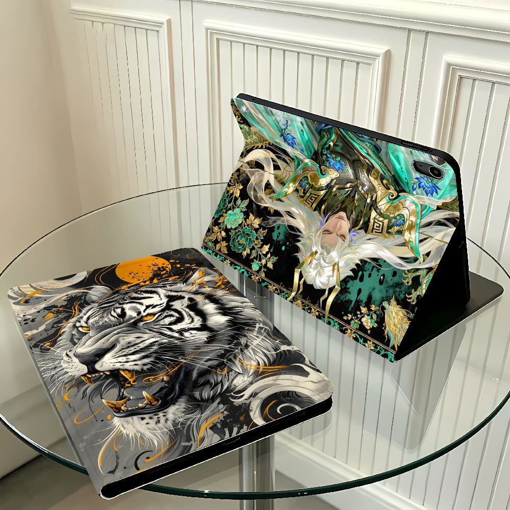 with Pencil Slot Case for Apple iPad 10th 7/8/9th Pro11 13 Air 11 13 M4 M3 M2 A16 2026 Air 4/5/6th Ink White Tiger