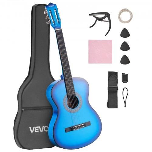 VEVOR Klassisk Gitarr, 960 mm, Startkit för Klassisk Gitarr i Trä för Nybörjare, med Nylonsträngar, Gigbag, Rem, Stämapparat, Extra Strängar, Plektrum, Capo, Lindträ, för Tonåringar Vuxna Studenter, Blå