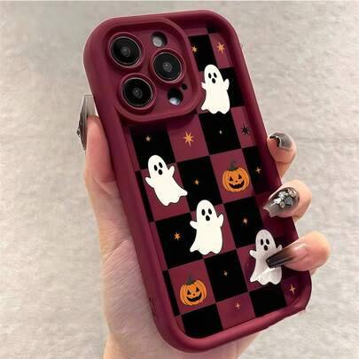 Matt trappstegsögonram mobilskal, vinrött Halloween-mobilskal, svart & rött schackrutigt spöke, pumpa och stjärnmönster, stötsäkert mjukt TPU-skyddssk - Bourgogne (Multi-size)
