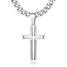 Chriscoco Korshänge i 925-sterlingsilver med halsband för män och kvinnor, diamantslipat rostfritt stål, Figarokors med kedja med polerade och fasade kanter, Rostfritt stål, Ingen ädelsten