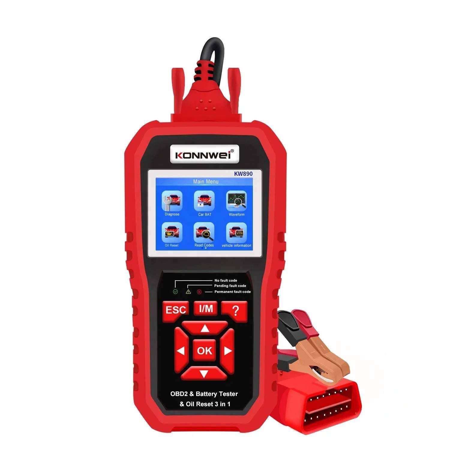 KONNWEI KW890 – 3-i-1 OBD2/EOBD-skanner, 12V batteritestare & oljeservice-reset