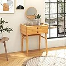 GIANTEX Sminkbord med svängbar spegel, toalettbord sminkbord av massiv bambu, sminkbord med glas bordsskiva och 2 lådor, 60 x 46,5 x 125 cm, natur, för sovrum vardagsrum