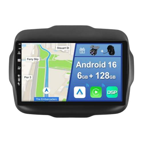 YUNTX [6GB+128GB] Android 15 2 Din bilstereo för Jeep Renegade 2015-2018-[Stödja CarPlay/Android Auto/DSP/GPS]-IPS 9tums Pekskärm-CAM+MIC-DAB/Ratt kontroll/Bluetooth 5.0