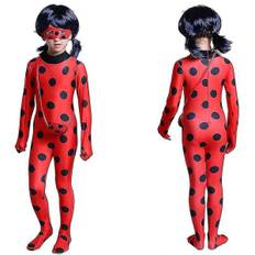 Børn Piger Mariehøne Cosplay Kostumesæt Halloween Fest Jumpsuit Fancy Dress Kostume med Bind for Øjnene, Paryk, Taske 130(120-130CM) (Uden hår)