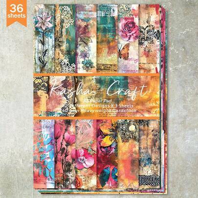 36 ark A5 bakgrundspapper med vintage-spetsmönster och blommigt lapptäcke, lämpligt för bullet journals, scrapbooking, kort och pyssel