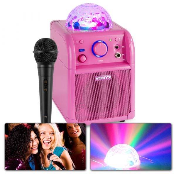 FYNDHÖRNAN / Vonyx SBS50P BT, Partyhögtalare, Mikrofon, LED, Rosa, Karaoke med mikrofon och discolampa