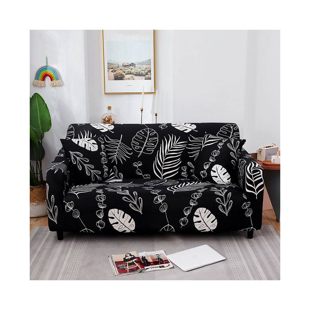 (Black Leaf,3-Seater)Geometric Abstract Printing Stretch Lazy Sofa Cover Slipcover For Living Room