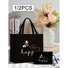Women&#39;s Multifunctional Handbag Two Pieces Set, Lightweight With Cosmetic Bag,Cute Bee And Heart Pattern Printed, Portable Makeup And Shopping Bag, Id - Black - 1 Set (big Bag + Small Bag),1 Small Bag (excluding Large Bag),1 Large Bag (excluding Small Bags)