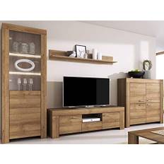 Furniture24 Wohnwand Anbauwand Sky - Tv Schrank Vitrine mit LED Beleuchtung Hängeregal Kommode (Riviera Eiche)