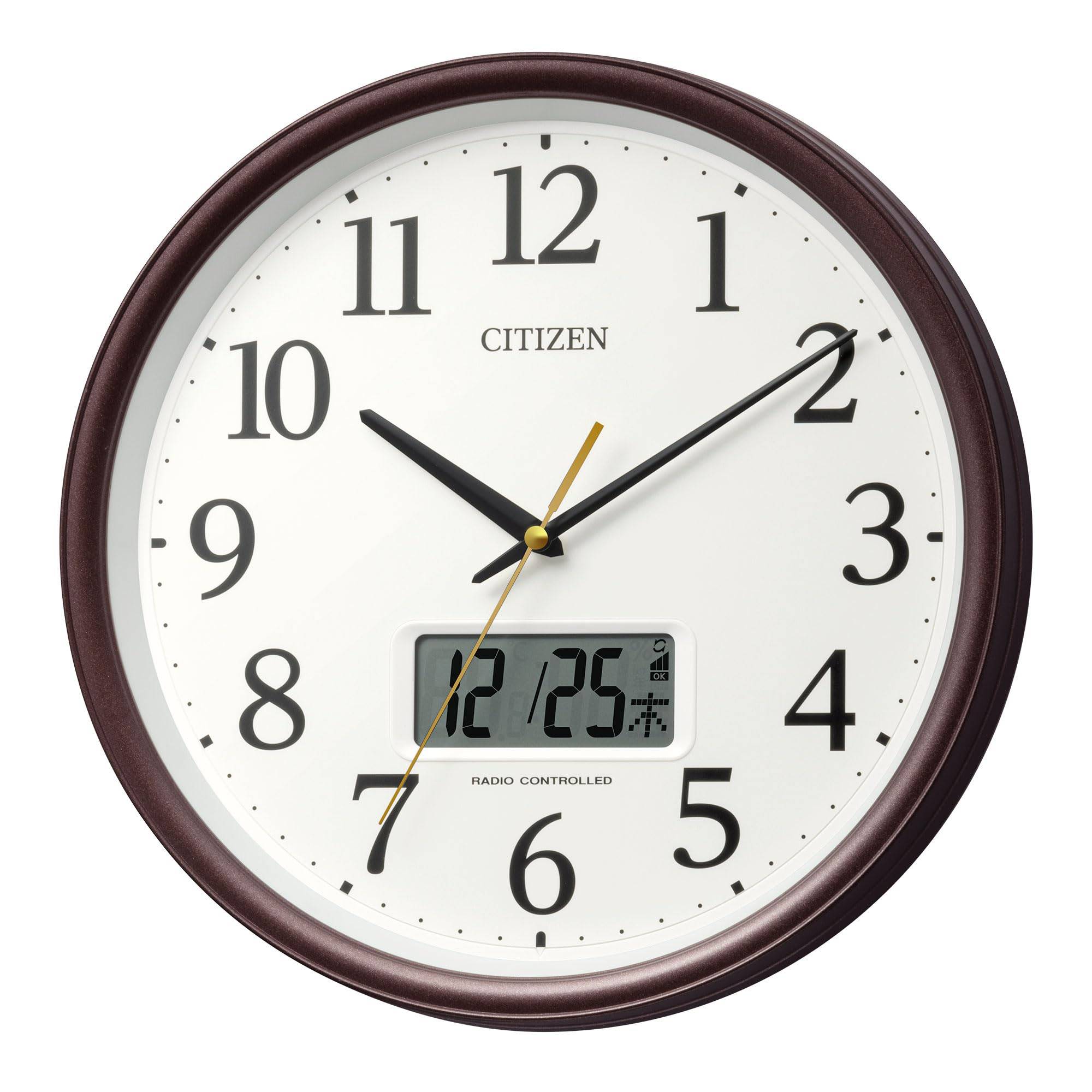 RHYTHM Citizen Wall Calendar LCD Silent Continuous Second x CITIZEN Clock, Radio-Controlled, Analog, Temperature, Humidity, (Digital Display), Hand, brun