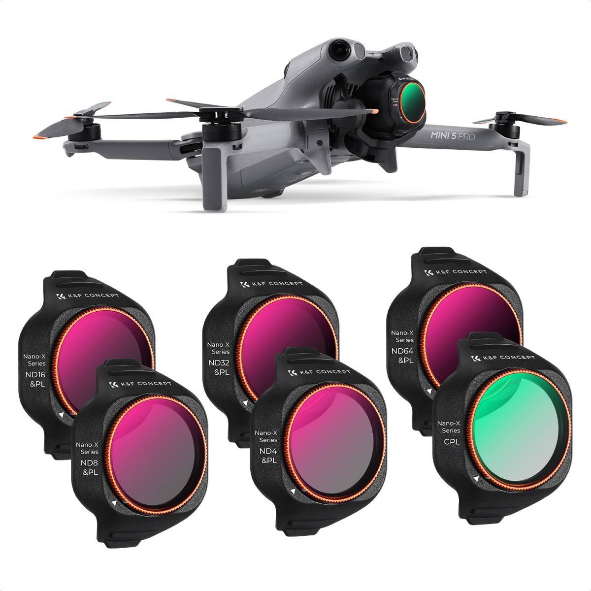 KENTFAITH K&F CONCEPT ND/PL Filter Set Compatible with DJI Mini 5 Pro, 6 Pack CPL ND4&PL ND8&PL ND16&PL ND32&PL ND64&PL Polarizer Neutral Density Drone Lens Accessories, Multi Coated HD Optical Glass