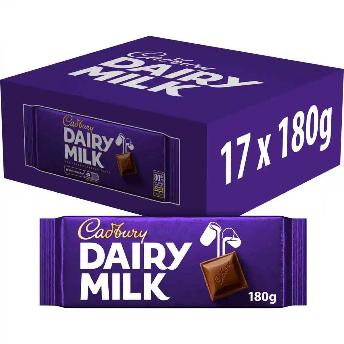 Cadbury Dairy Milk Chocolate Bar 180g (Box of 17)