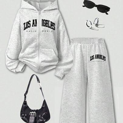 Unisex hoodie med dragkedja för tonåringar + avslappnade långbyxor, 2-delat set, enkelt grafiskt tryck, höst-/vinteroutfit, bekväm hudvänlig topp - Ljusgrå (6Y,7Y,8Y,9Y,10Y,4Y,5Y,14Y,11Y,12Y,13Y,16Y,15Y)