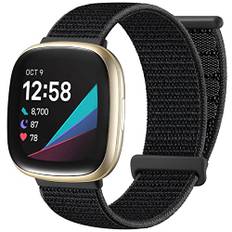 Ouwegaga Armband Kompatibel mit Fitbit Versa 3/Versa 4 Armband/Sense/Sense 2 Armband, Weiche Nylon Verstellbare Geflochtene Ersatzgurte Kompatibel mit Fitbit Versa 4/3/Sense für Damen Herren, Schwarz