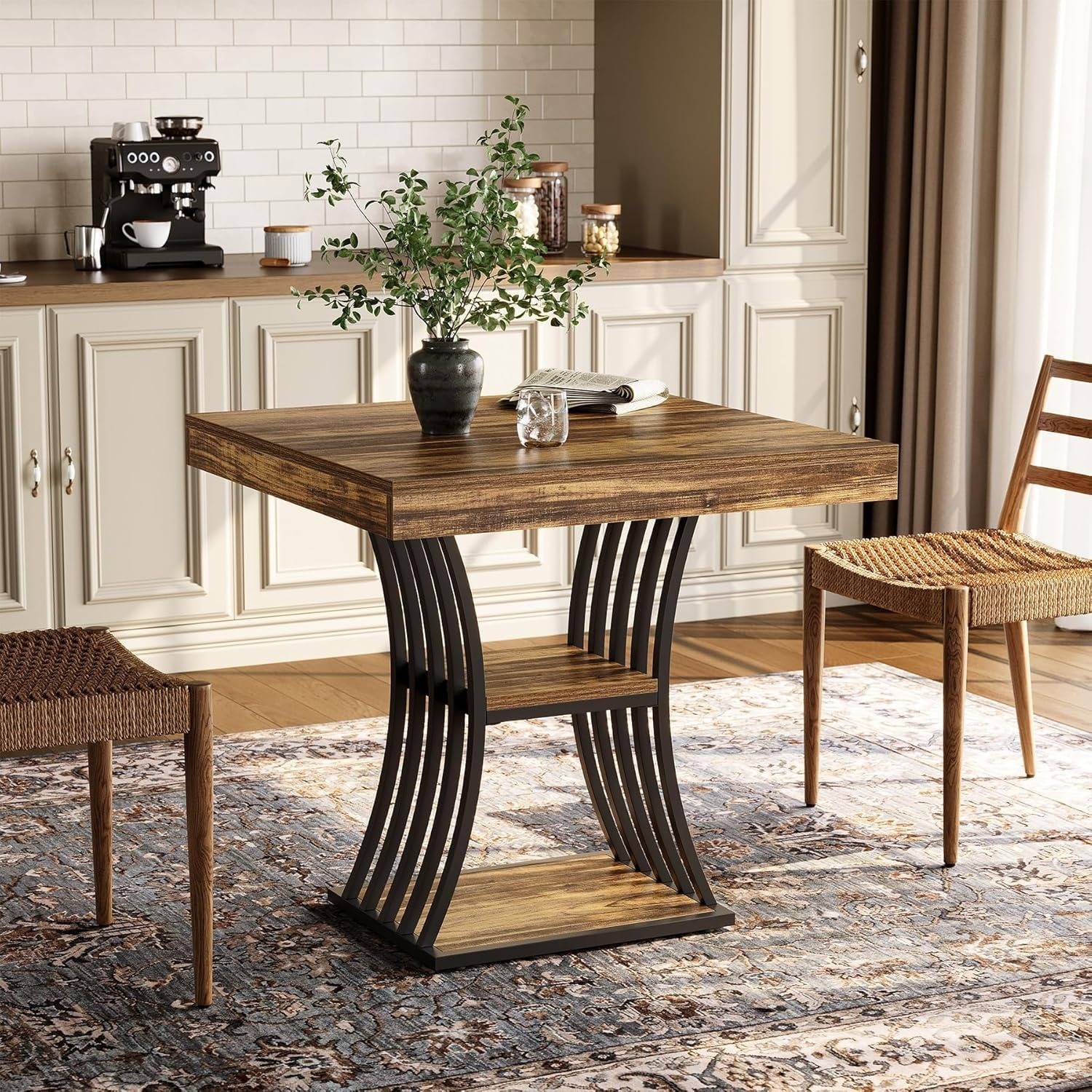 4-person Dining Table, Industrial Style, With 2 Storage Shelves, 80 X 80 X 76 Cm, Kitchen Table For Dining Room, Living Room, Apartment, Rustic Brown